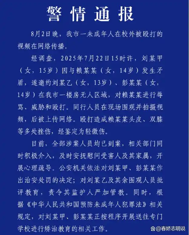 警情公告：一名14岁少女在校外遭受暴力袭击，涉事两人已被送往学校接受矫正。校园之外，暴力行为的防范为何如此困难？-阿旺资源分享网